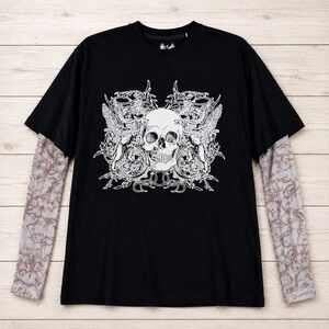 Kanji Y2K Skull Graphic Shirt L Tattoo Mesh Layered Long Sleeve Gothic Skate NWT